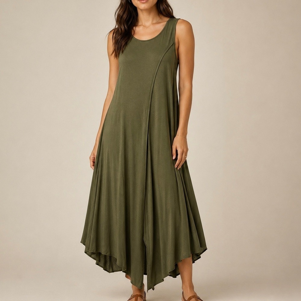 The Pyramid Collection Olive Green Asymmetrical Jersey Maxi Dress XL Lagenlook